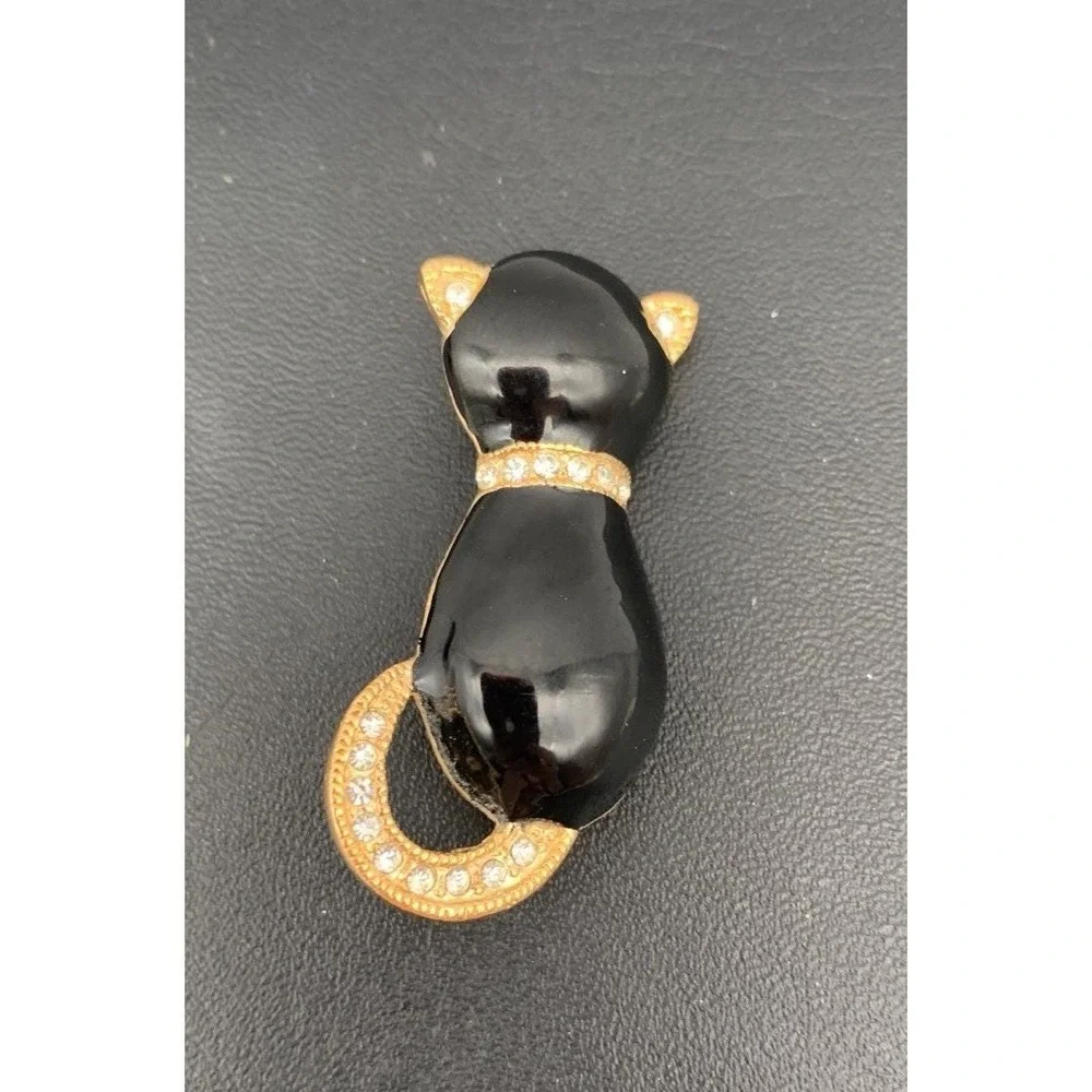 Vintage Roman Black Kitty Cat Clear Rhinestone Gold Tone Costume Brooch Pin